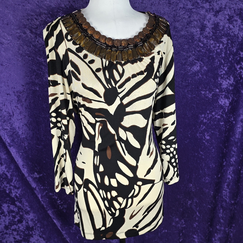 Chico's Animal Print Abstract Tie Back Black and Cream Top Blouse Beaded Tunic
